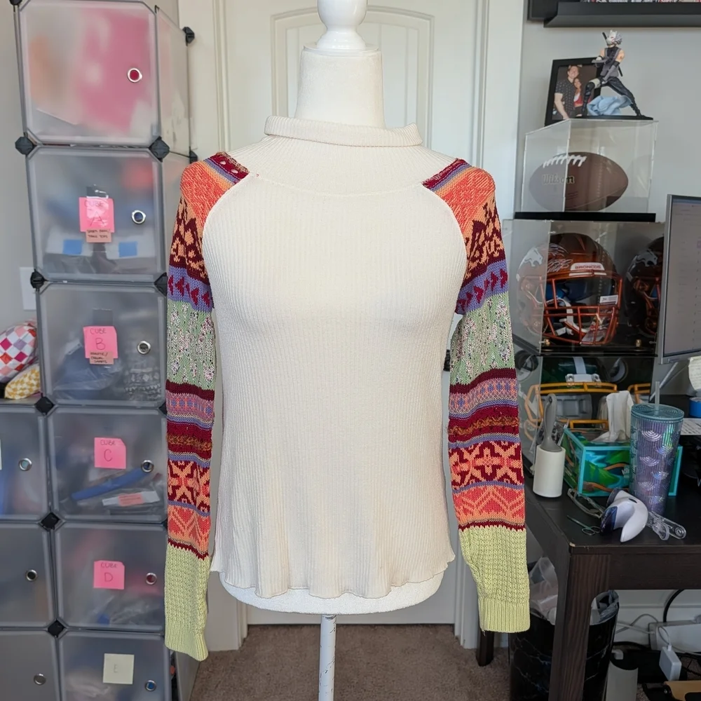 Free People Ivory Prism Ribbed Knit Sleeve Mock Neck Sweater Size XS